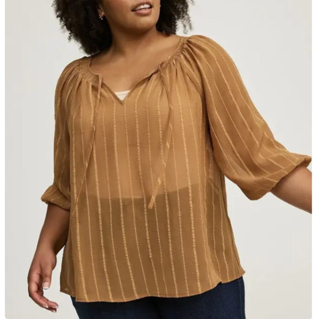Torrid Brown Sheer Striped Peasant Blouse Womens Size1 8/20 Boho